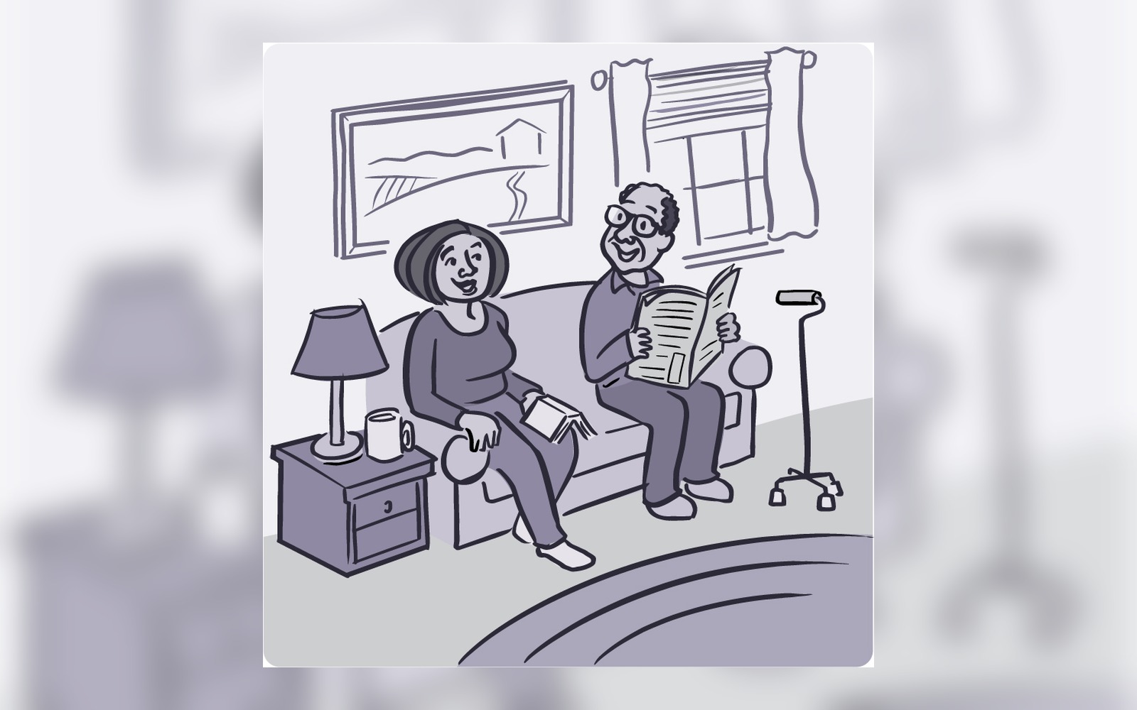 Older adults sitting together at home caregiving illustration