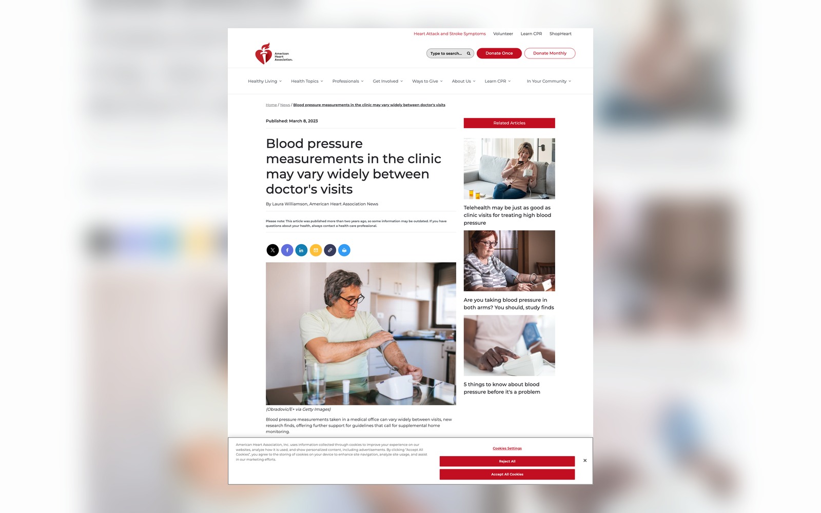 American Heart Association 혈압 측정 변동 기사 화면