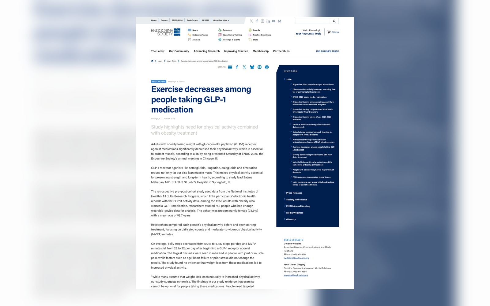 Endocrine Society GLP-1 활동량 감소 연구 기사 화면