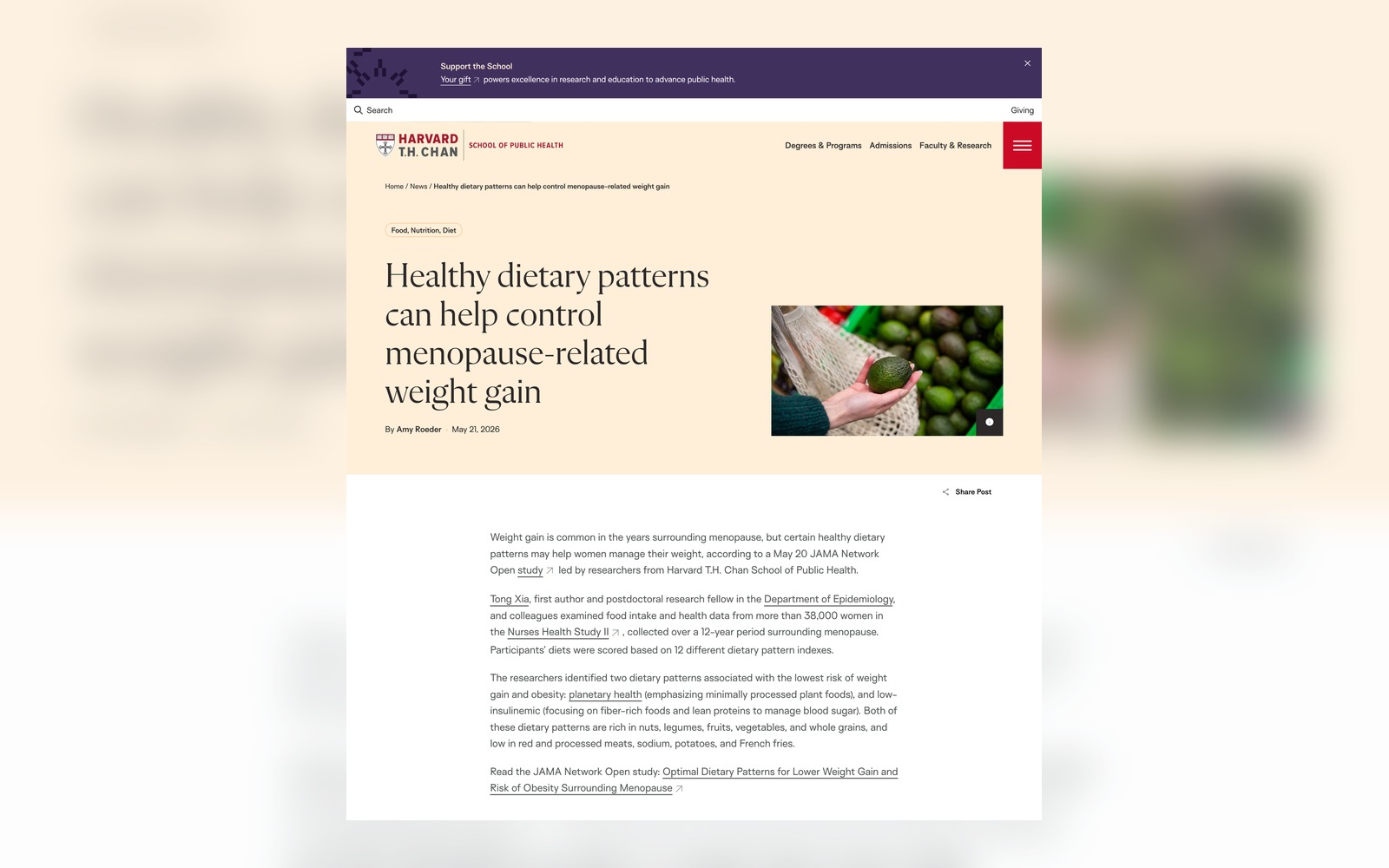 Harvard Chan menopause weight gain article page capture