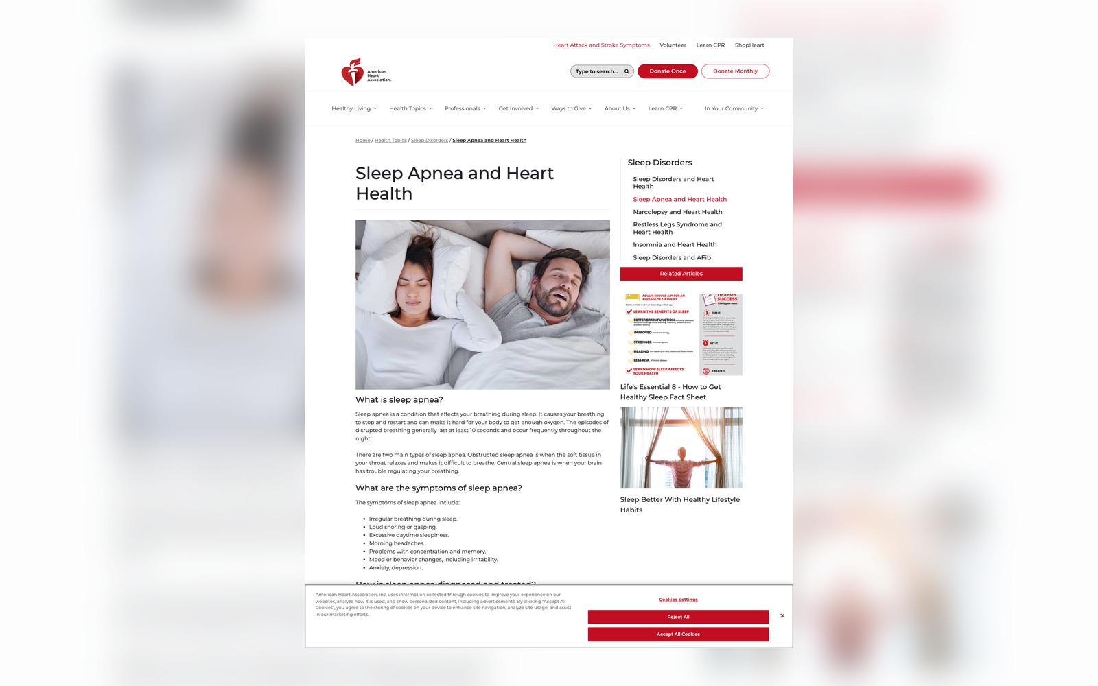 American Heart Association 수면무호흡 심장건강 페이지 화면